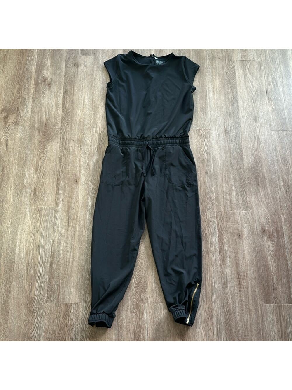 Albion Fit Black Jumpsuit Small Petite | Gold Zippers, Drawstring Waist